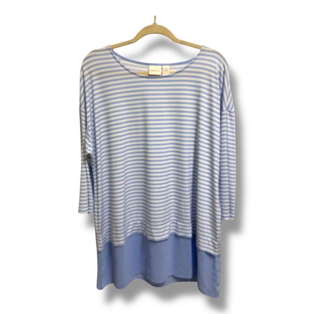 Chicos Striped Tunic Top Blue White Layered Hem 3/4 Sleeve Size 2‎ Large 12